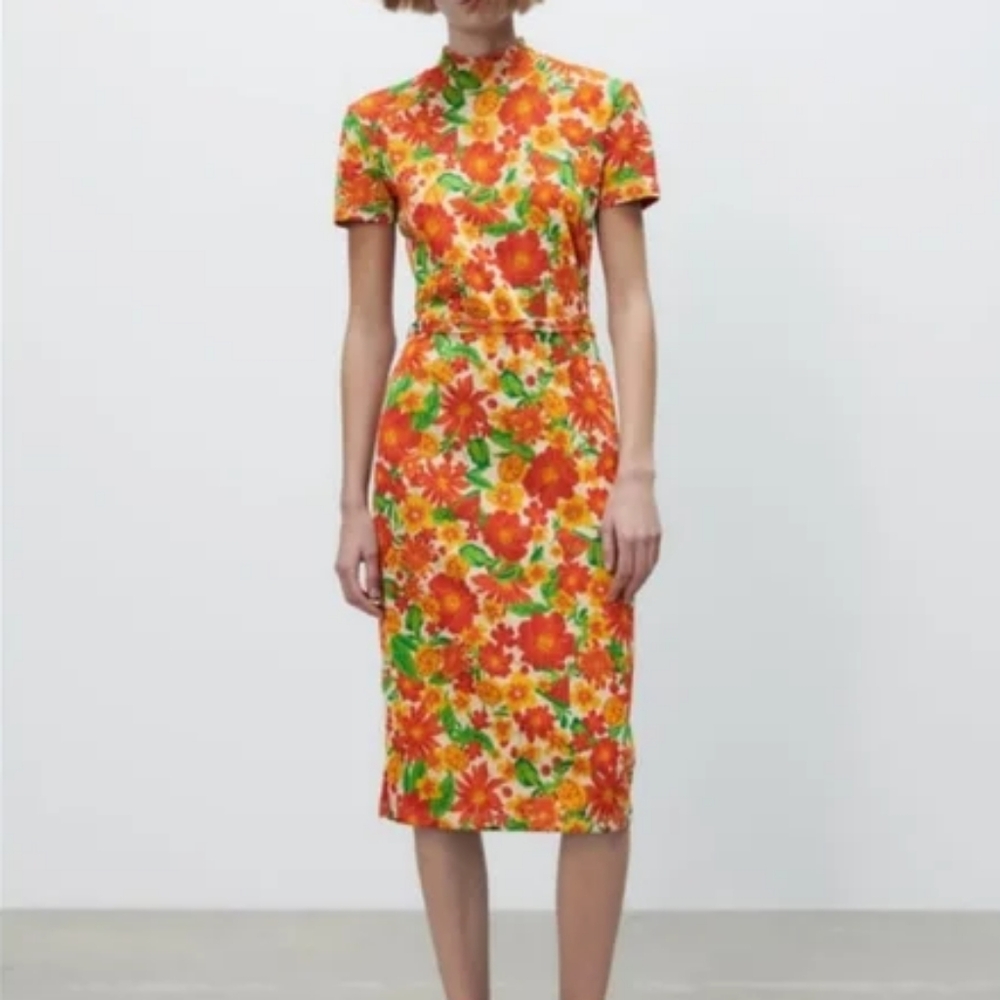 ZARA Spring Citrus Floral Jacquard Belt Fitted Dress